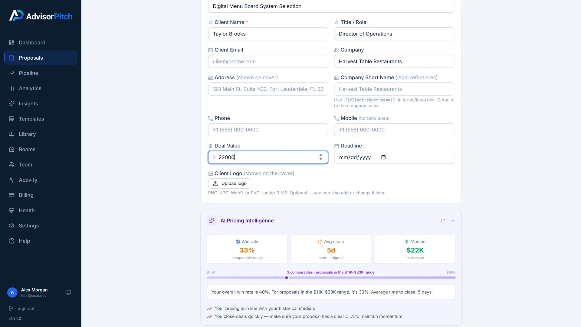 AI Pricing Intelligence panel: win rate, average close time, median deal value, and pricing suggestions from your proposal history