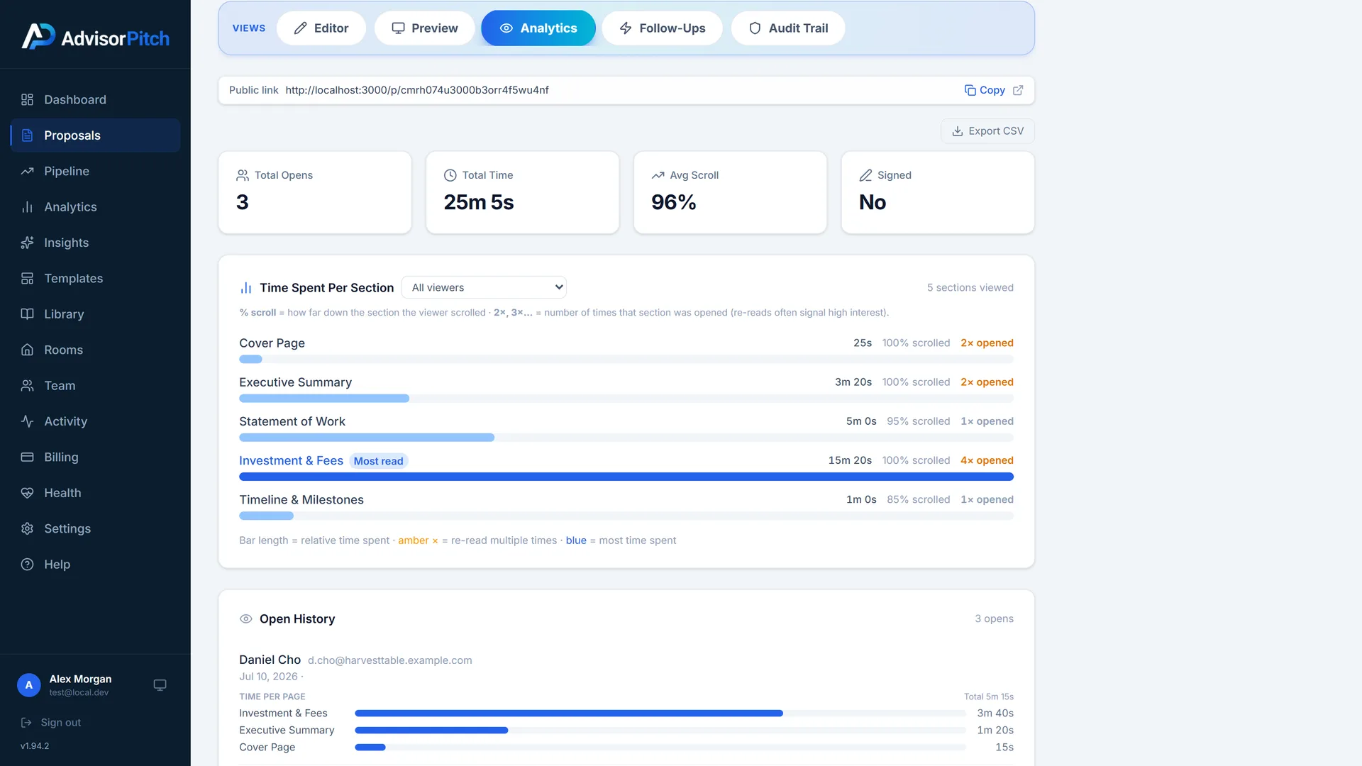 AdvisorPitch proposal analytics: time spent per section, re-read signals, and per-viewer open history