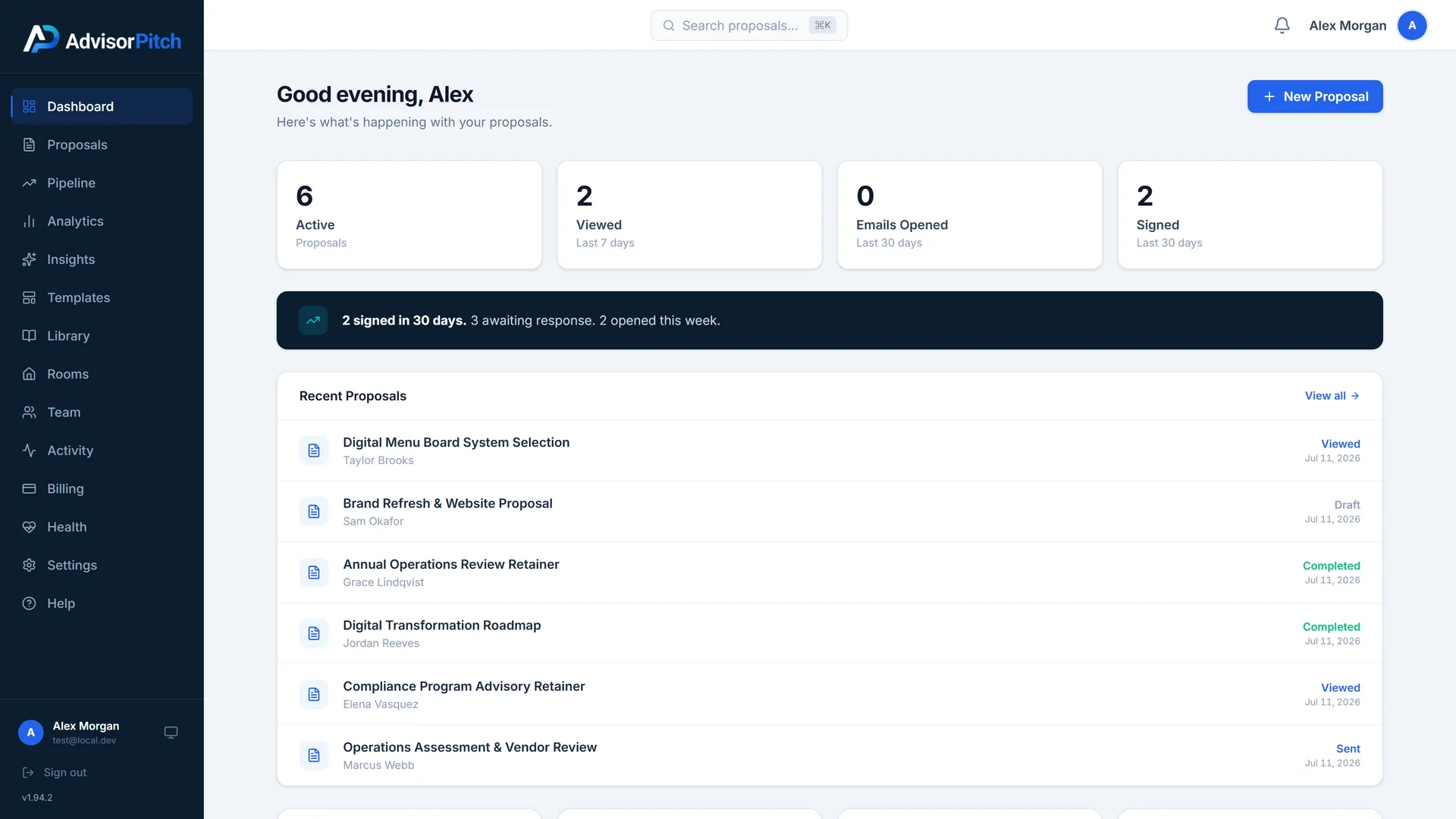 AdvisorPitch workspace: active proposals, engagement stats, and recent activity