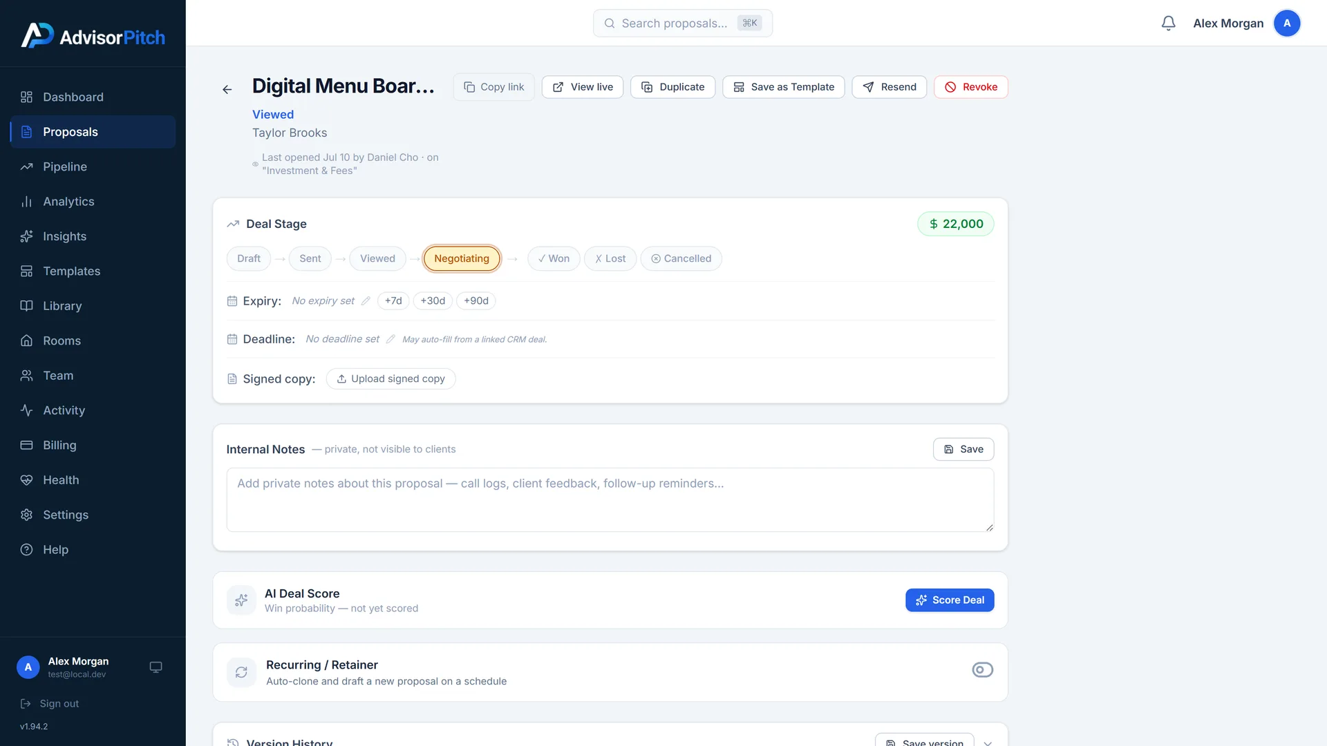 Proposal workspace with deal stage, expiry, and internal notes